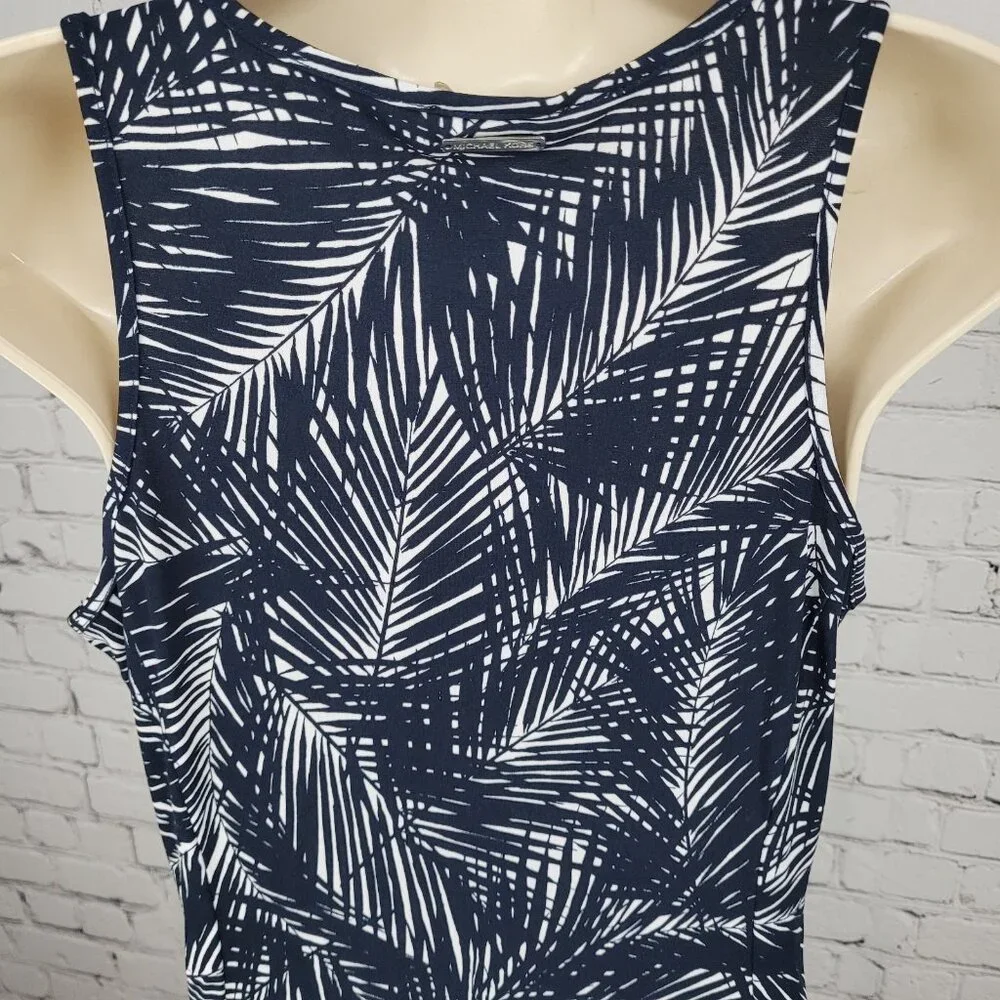 Michael Kors Navy & White Palm Leaf Front Slit Stretch Midi Dress Size Medium M